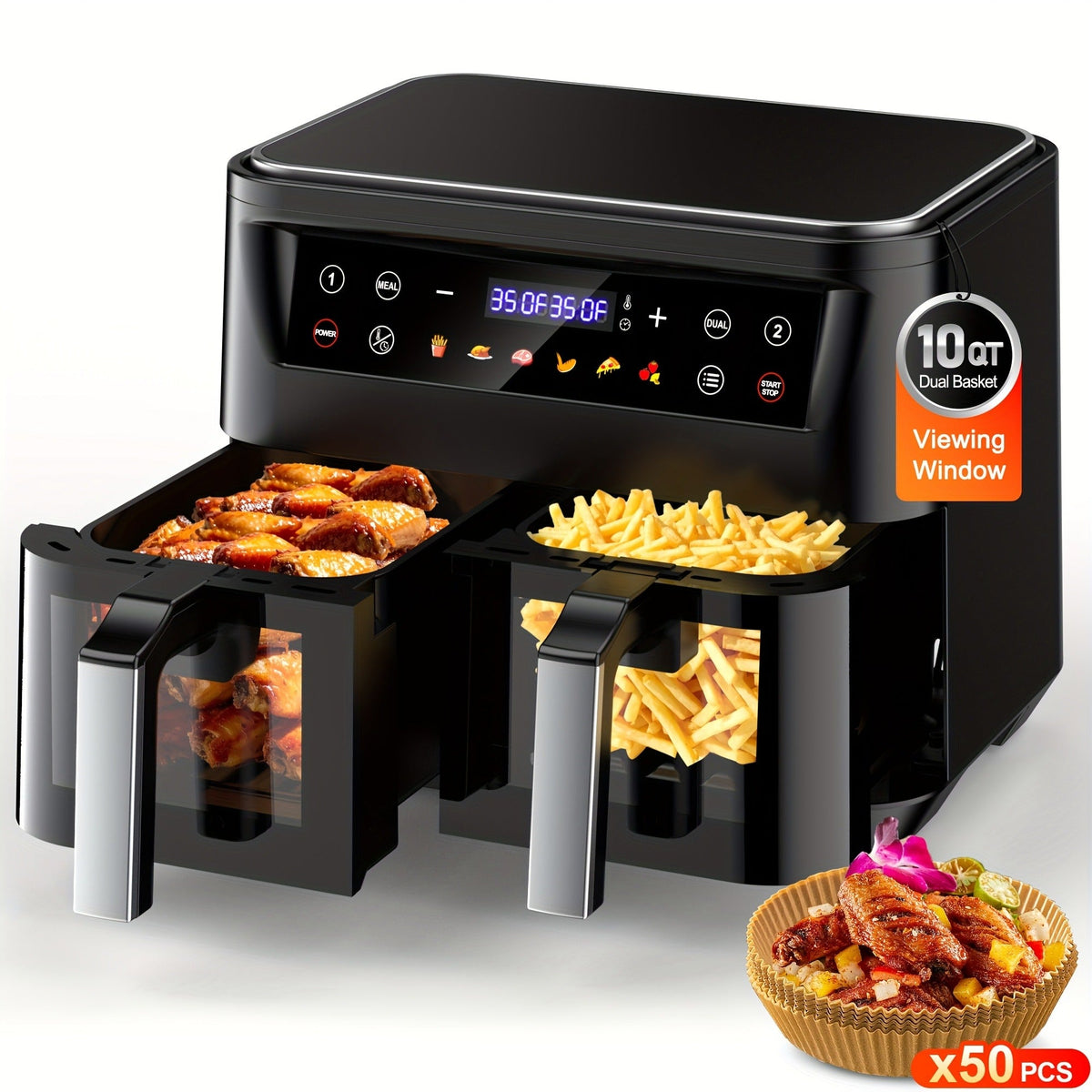 10Qt Dual-Basket Air Fryer with Two Viewing Windows, Sync Controls, Touch Panel and 50 Paper Liners — image 2