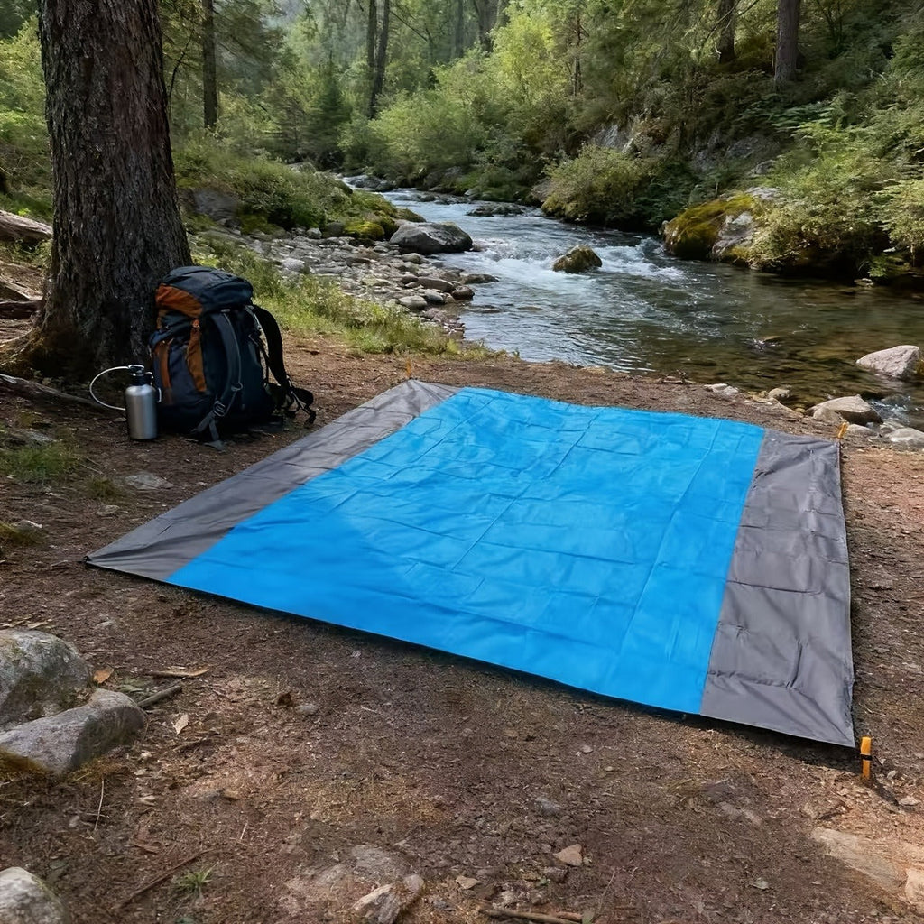 210 x 200cm Picnic Mat with Blue Center Panel, Grey Border, Drawstring Carry Pouch and Ground Stakes — image 1
