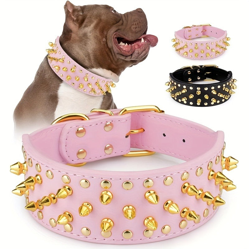 Wide Studded Dog Collar with Faux-Leather Band, Metal Spikes and Rivets in Six Colors, Sizes M and L — image 10