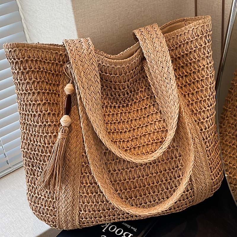 Woven Tote Bag with Tassel and Large Beach Storage for Women — image 4