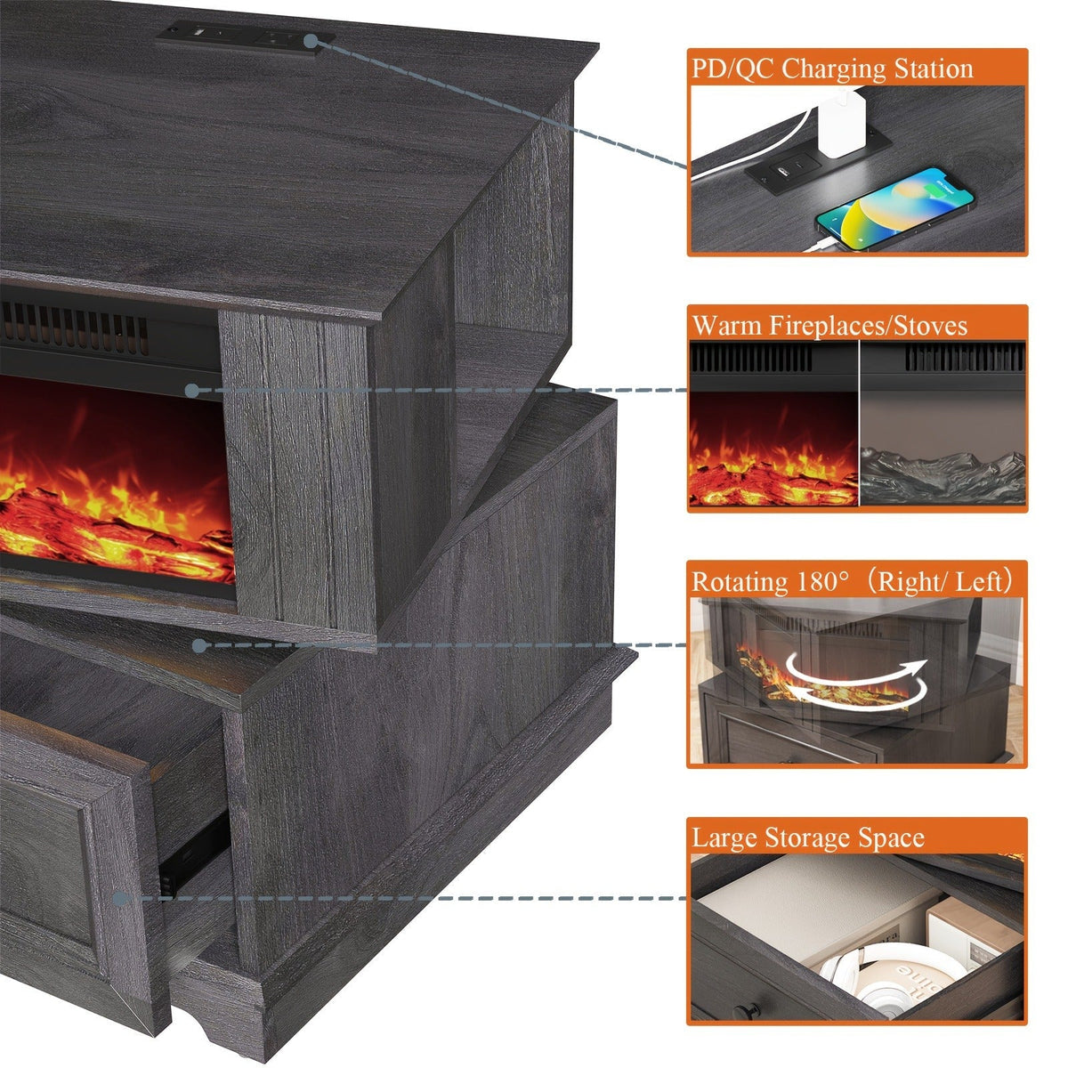 Electric Stove Heater End Table Rotatable Fireplace Side Table 1400W 4800 BTU Indoor Heater with Storage for Garden, Patio an