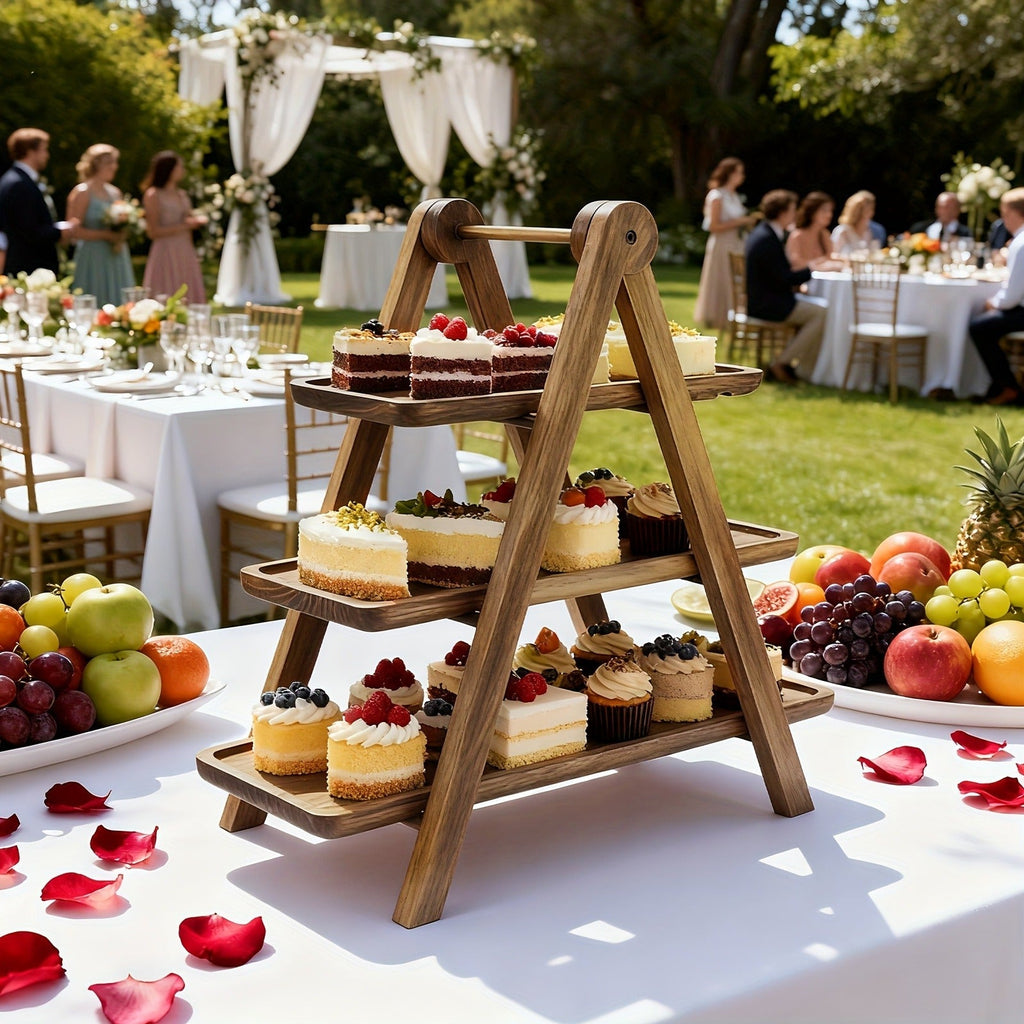 Cake Stand 3 Tier Wooden Serving Tray Farmhouse Dessert Display Cupcake Tower Bread Basket Collapsible Tiered Platter for Wed