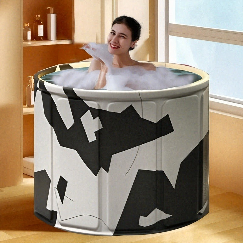 Round Foldable Adult Soaking Tub in Black-and-White Geometric Pattern with Freestanding Support Frame and Drain — image 2