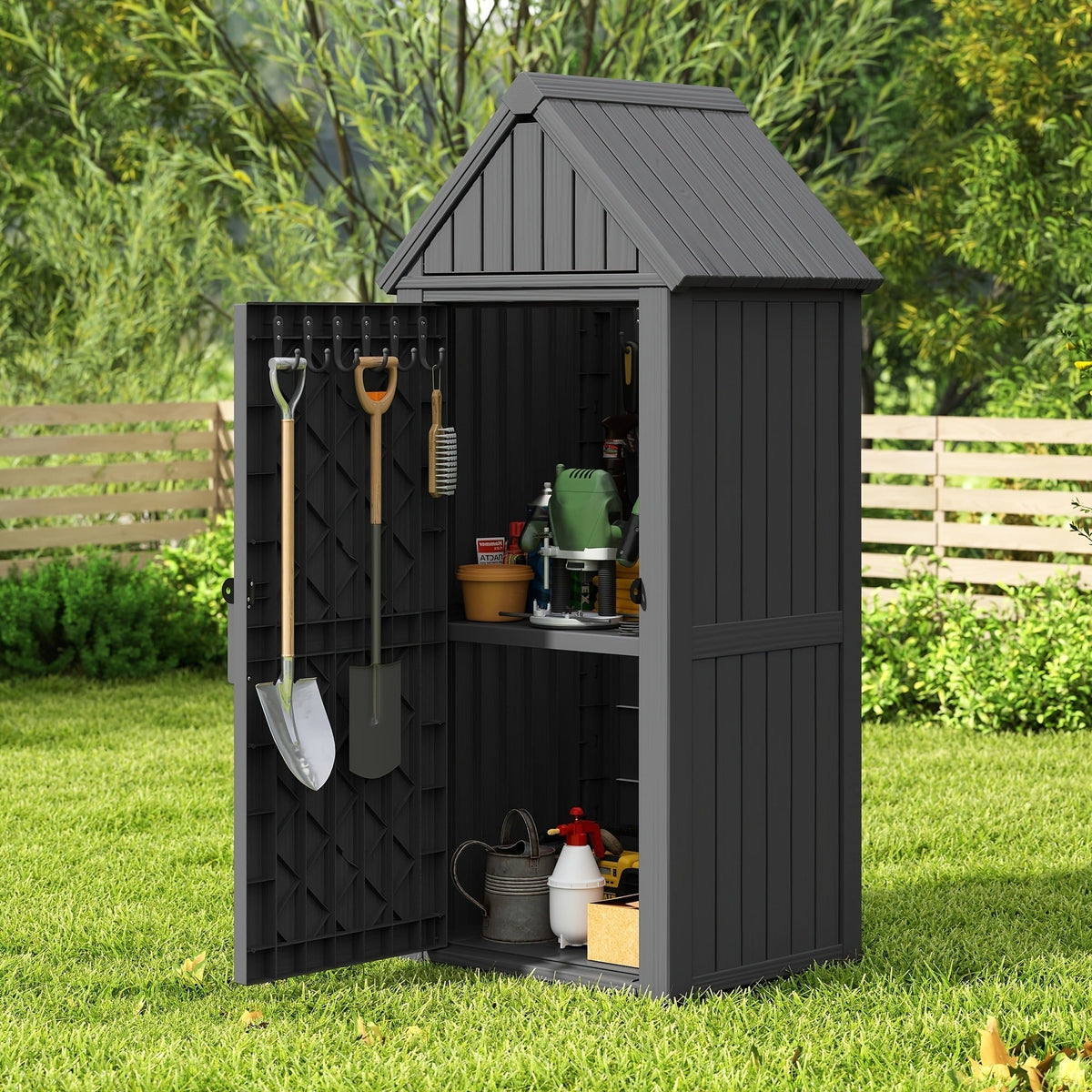 Tall Resin Outdoor Storage Shed with Sloped Roof, Lock-Ready Door and Interior Hooks in Black or Brown — image 2