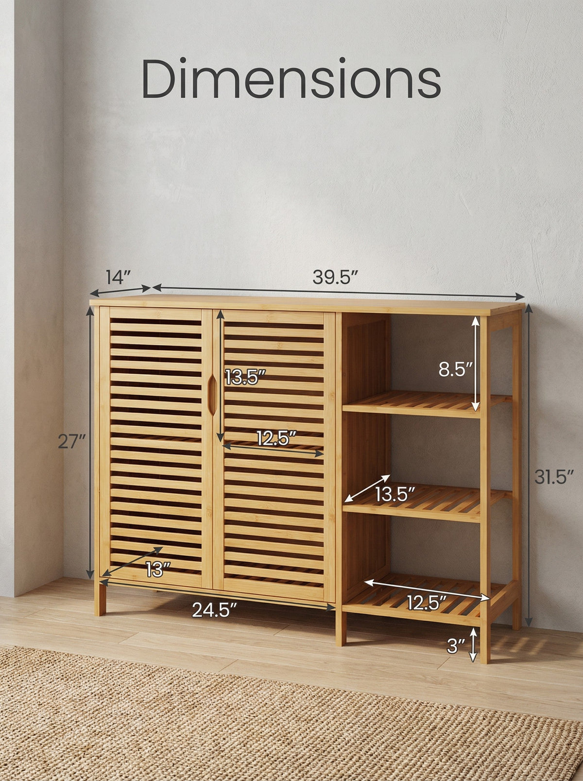 Bamboo 4 Tier Floor Cabinet with Doors, Freestanding Storage