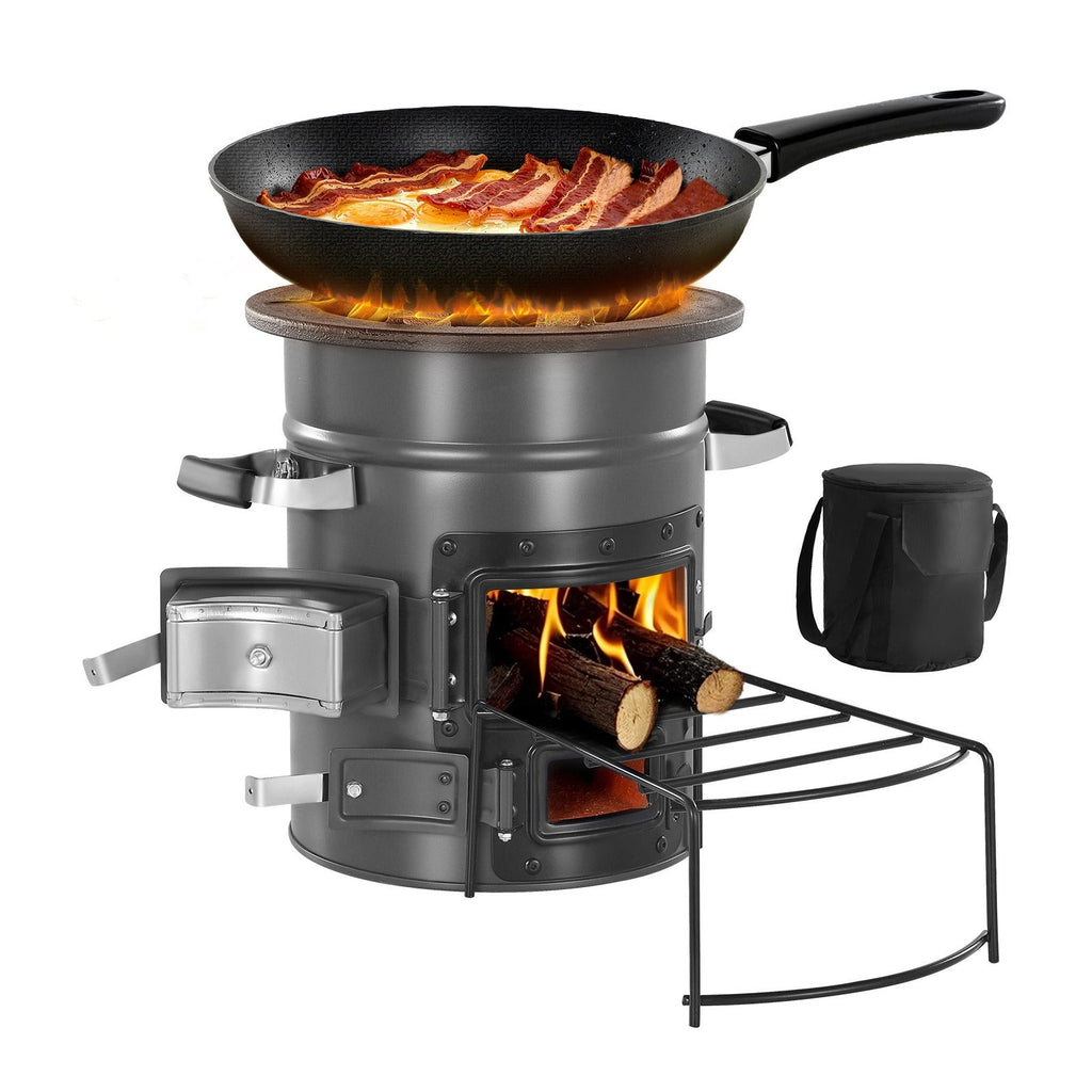 Wood Burning Rocket Stove Portable Camping Stove with Cast Iron Top, Double Door, Fireproof Lining — image 2
