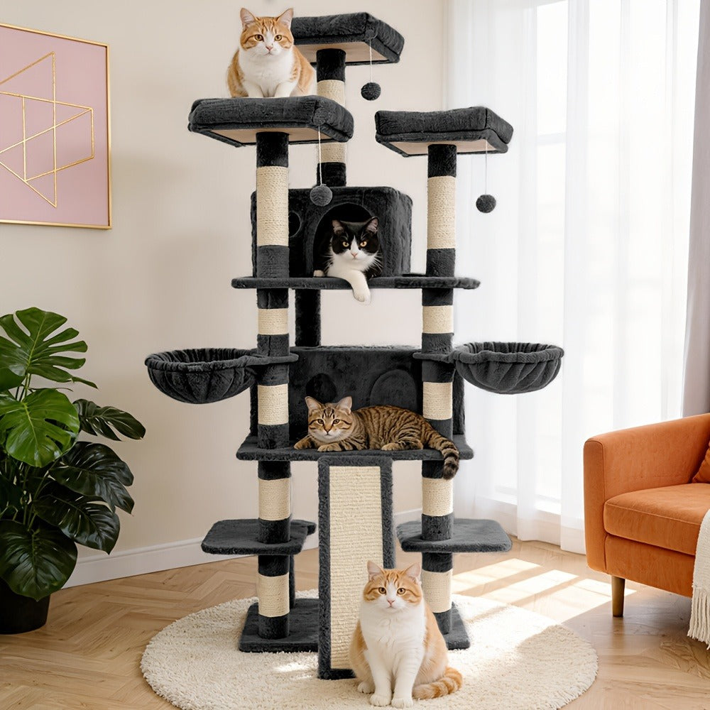 Large Multi-Level Cat Tower with Two Condos, Three Perches, Hammocks and Six Gray, Beige or Taupe Configurations — image 9