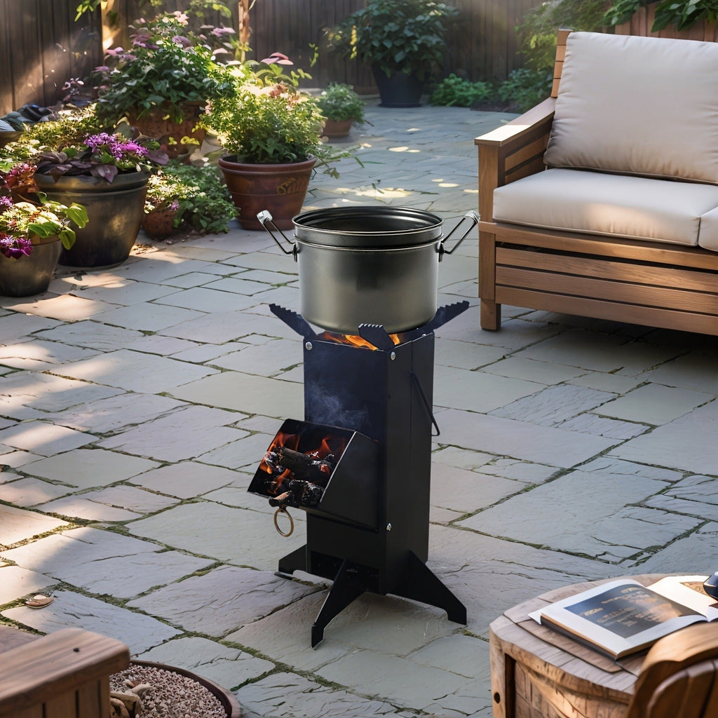Black Rocket Stove with Detachable Side Feed Door, Four-Leg Base and Wood or Charcoal Fuel Configuration — image 2