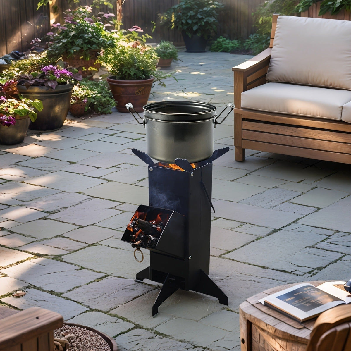 Black Rocket Stove with Detachable Side Feed Door, Four-Leg Base and Wood or Charcoal Fuel Configuration — image 2