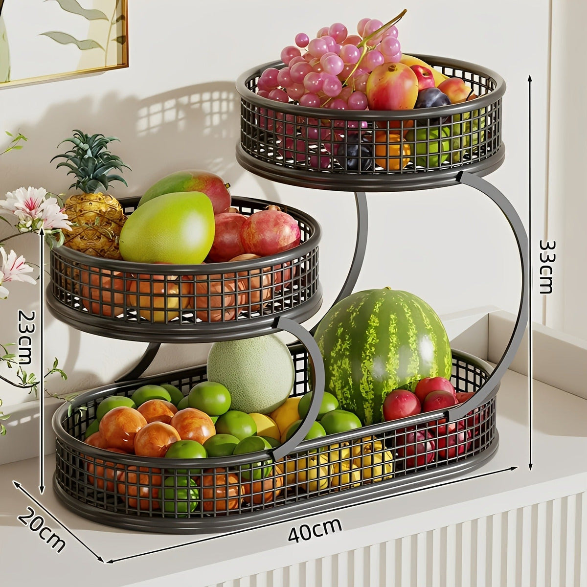 Fruit Basket with Two Round Bowls and 15.75-Inch Rectangular Base Tray — image 2
