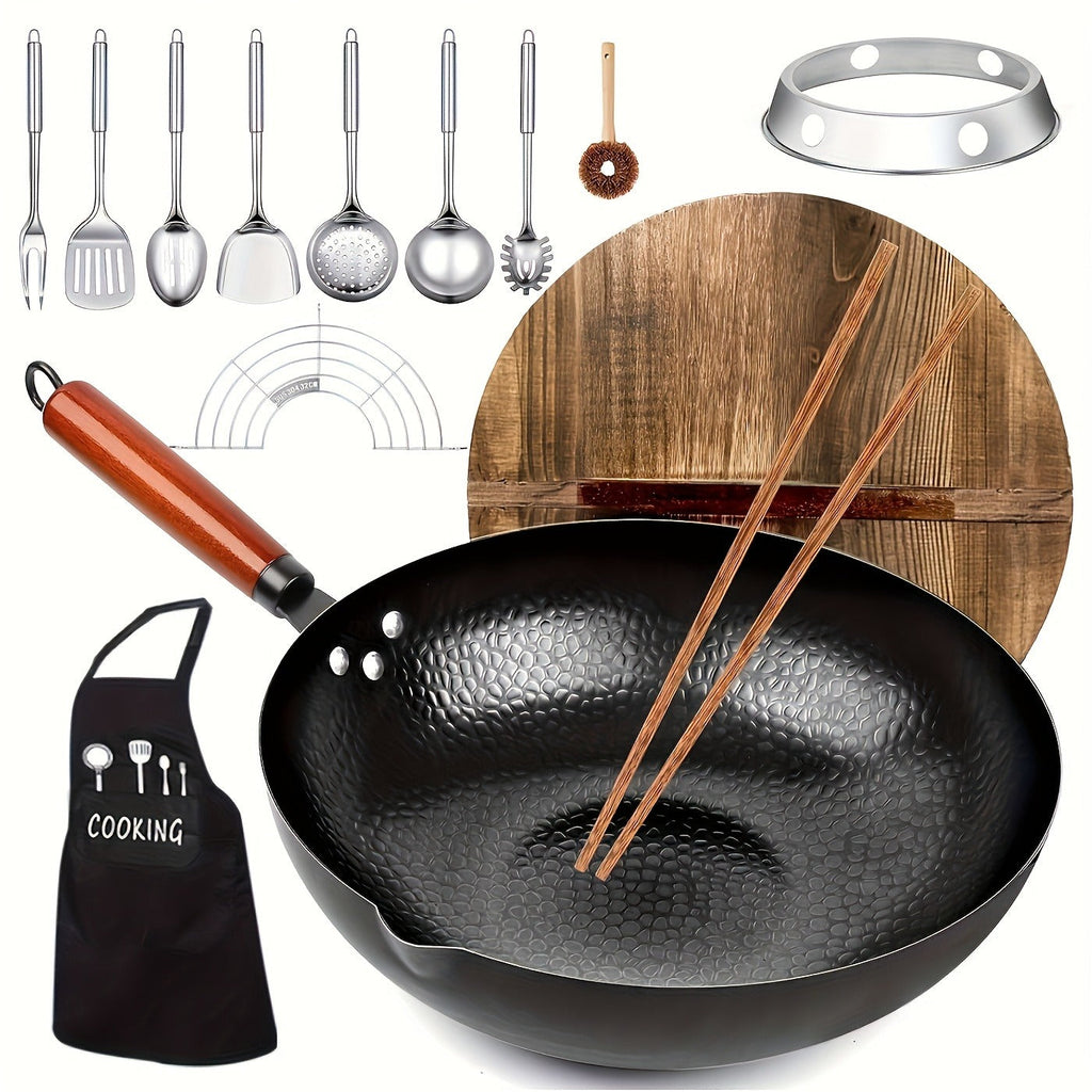 Wok Set Cast Iron 12.6 Inch Nonstick with 13 Accessories, Natural Nonstick No Chemical Coating Stir Fry Pan with Lid & Detach