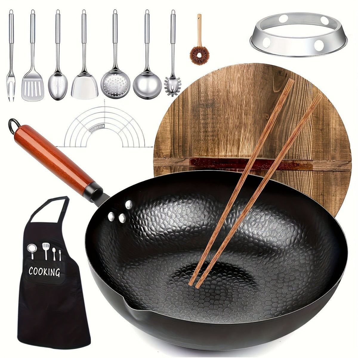 Wok Set Cast Iron 12.6 Inch Nonstick with 13 Accessories, Natural Nonstick No Chemical Coating Stir Fry Pan with Lid & Detach