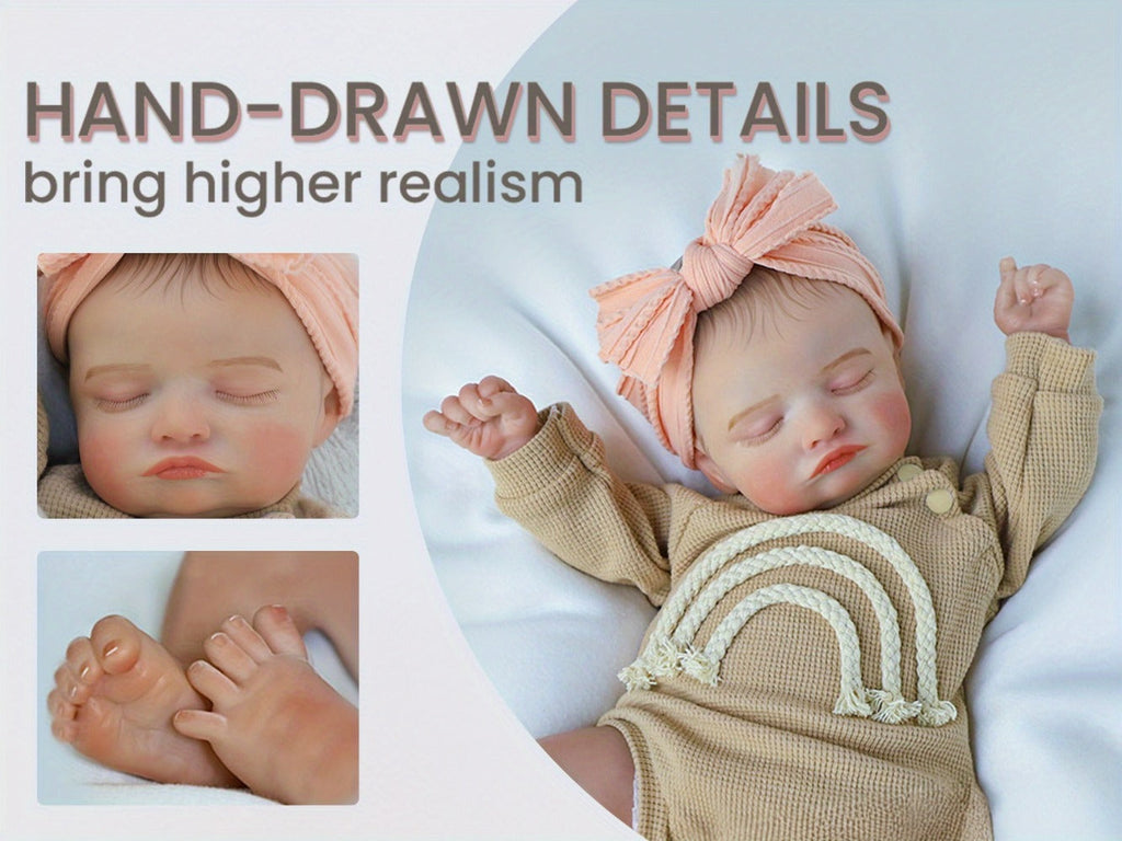 Reborn Baby Doll 20-Inch Sleeping Soft Cloth Body with Striped Outfit, Bow Headband and Feeding Accessories — image 9