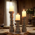 Candle Holder Set of 3 Graduated Brown Wood Pillar Stands with Turned Farmhouse Profiles for Tabletop Displays — image 1