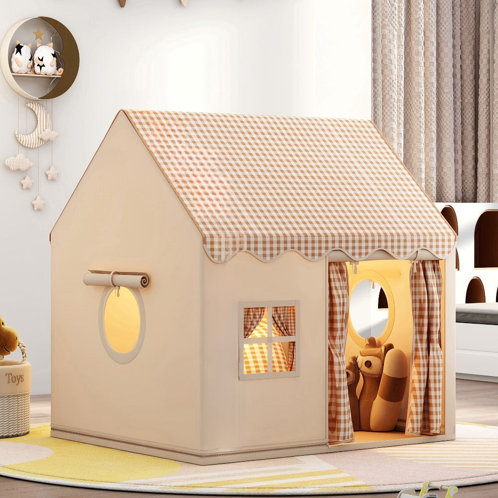 Checked Cabin Kids Play Tent in Pink, Khaki or Yellow with 130 x 120 x 100cm House Frame and Scalloped Roof — image 4