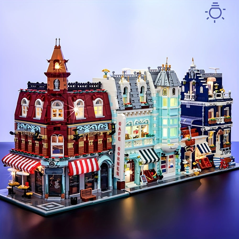 Modular City Building Blocks Set – European Architecture Grocery Store & Market Street, 3-Level Mini Brick Model Kit for Adul