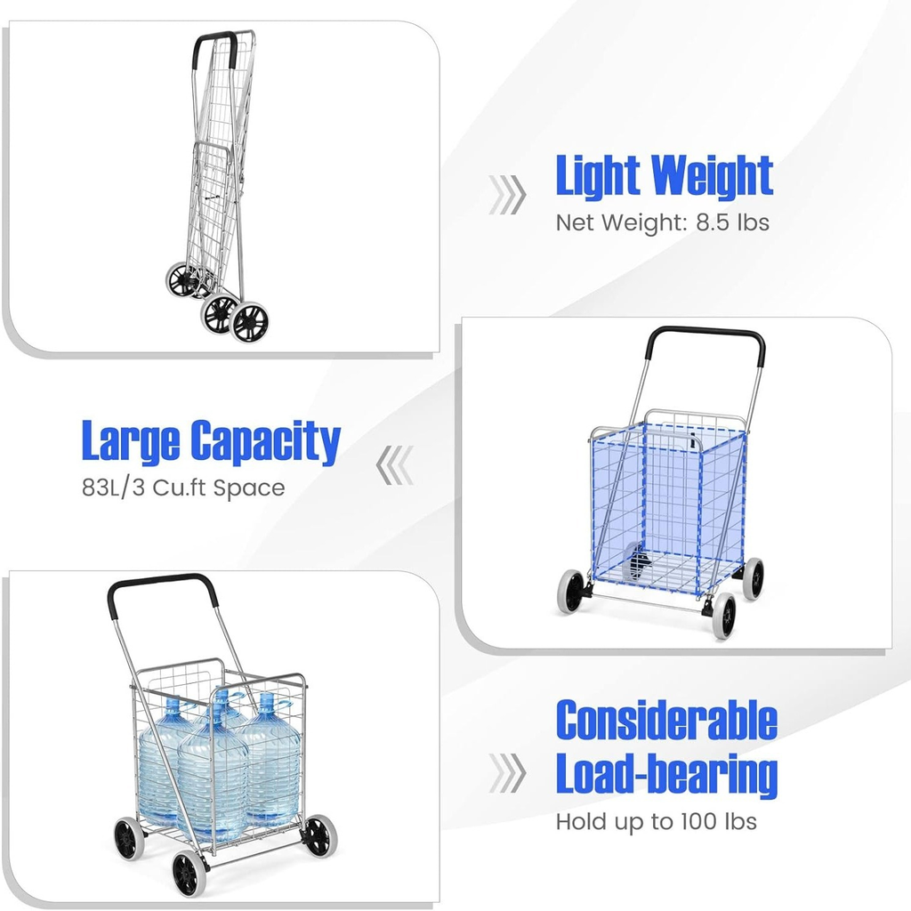 Rolling Shopping Cart Metal Basket, Foldable Grocery Utility Cart with Foam Handle Large Wheels 22 Gal for Supermarket Laundr