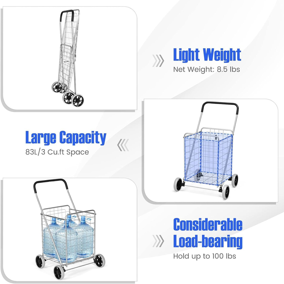 Rolling Shopping Cart Metal Basket, Foldable Grocery Utility Cart with Foam Handle Large Wheels 22 Gal for Supermarket Laundr