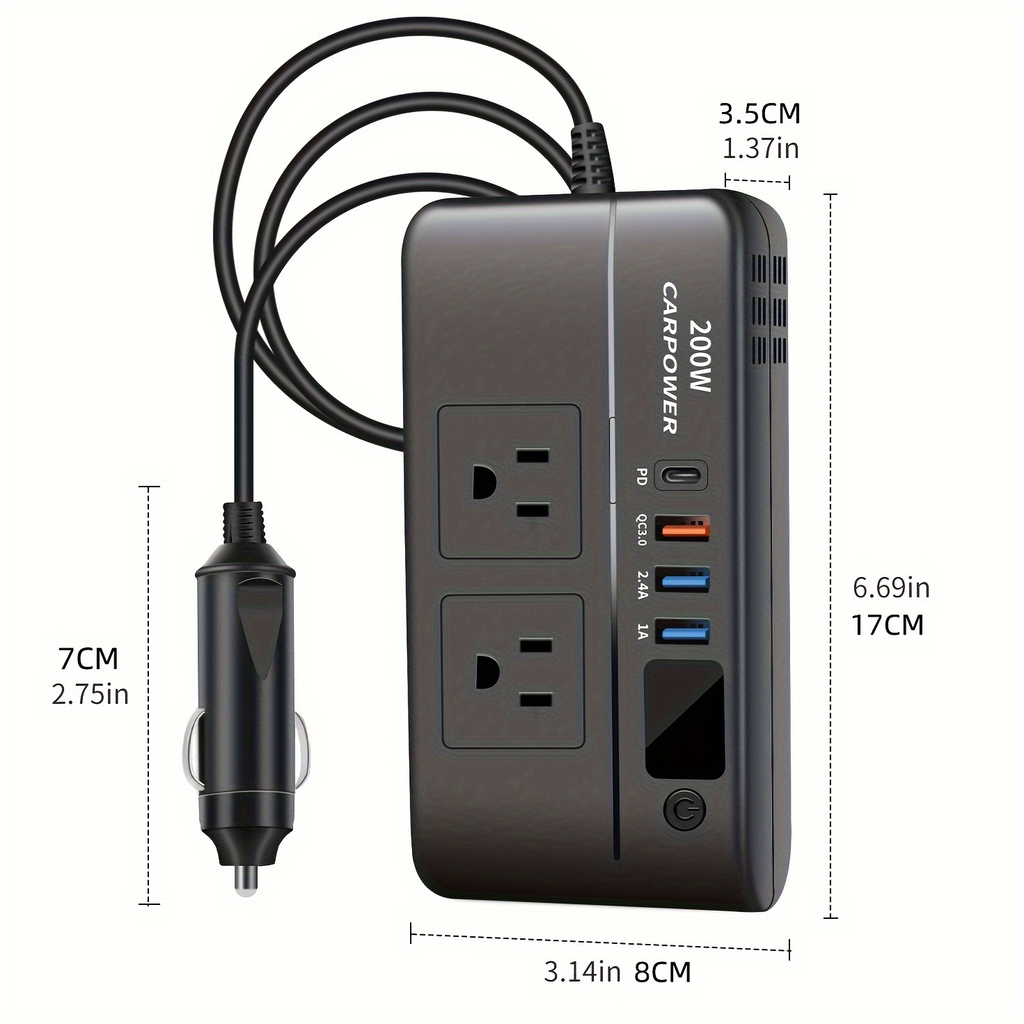 200W Car Power Inverter DC 12V to AC 110V with USB-C PD 20W & QC3.0 Fast Charging for Garden, Patio and Yard Use — image 6