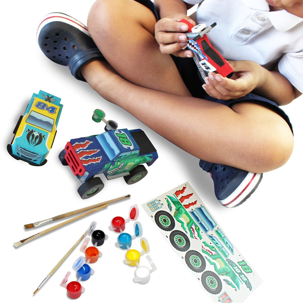 Build and Paint Wooden Vehicle Kit for Kids 144 Pieces, Race Car Motorcycle Monster Truck, 12 Colors 3 Brushes Racing Decals 