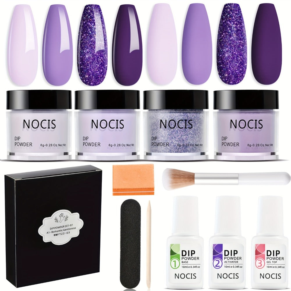 Dip Powder Nail Kit with NOCIS Label, Four Lilac Lavender Purple Glitter Powders, Three 10ml Liquids and Tools — image 1