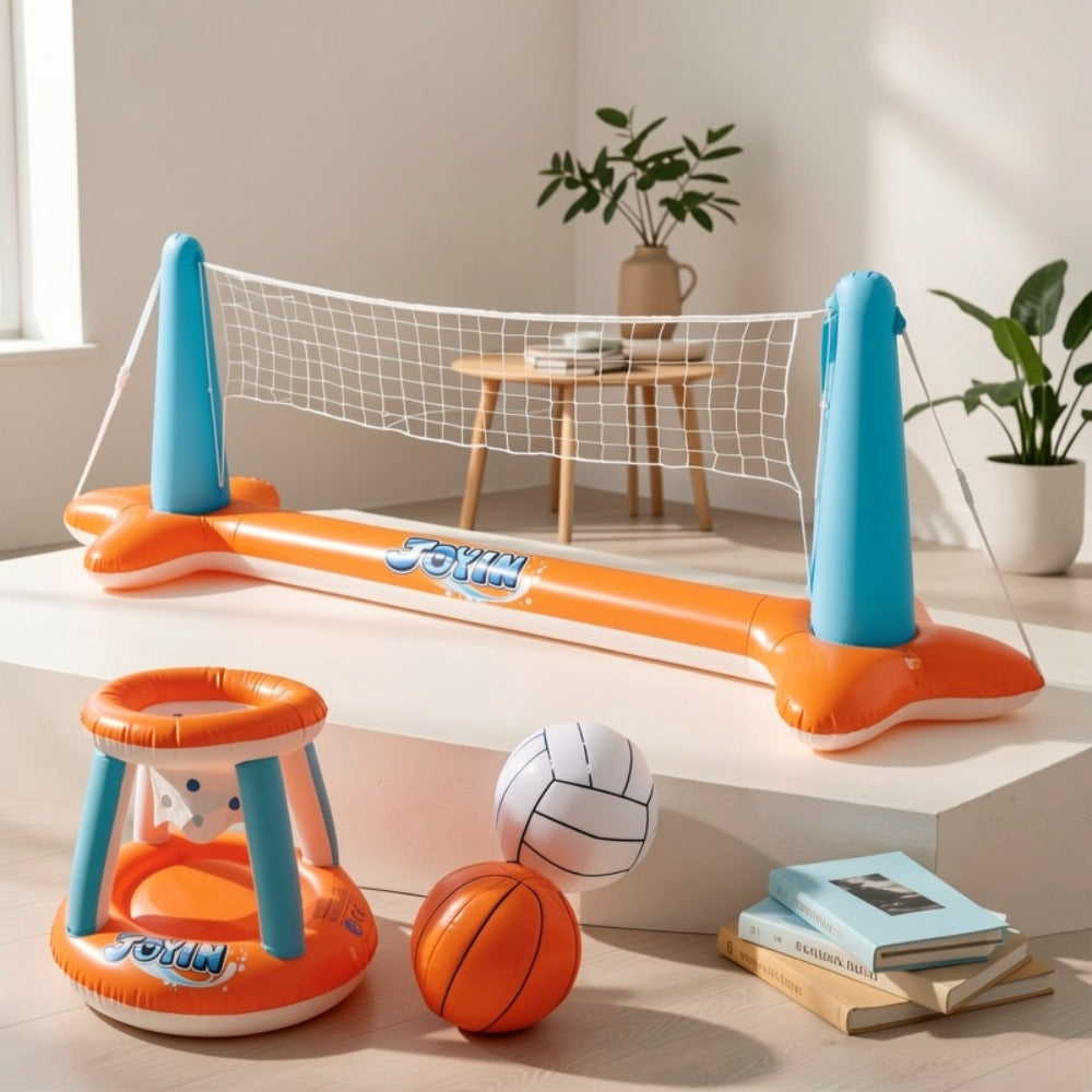 Inflatable Pool Game Set for Kids & Adults, Volleyball Net Court & Basketball Hoops with Balls — image 8