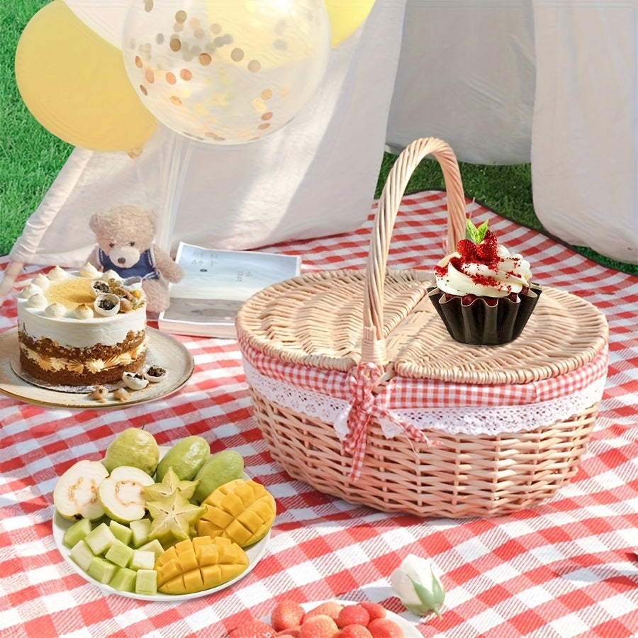 Covered Wicker Picnic Hamper with Twin Lid Panels in Red Plaid or Daisy Pattern Textile Styles — image 5