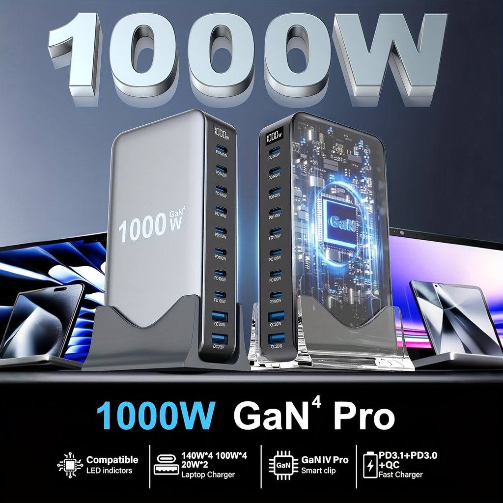 GaN Charging Station 1000W GaN3 10-Port USB-C Fast Charger for Laptops Tablets Smartphones for an Everyday Personal Care Rout