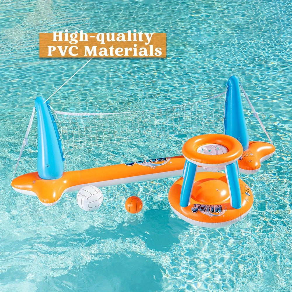 Inflatable Pool Game Set for Kids & Adults, Volleyball Net Court & Basketball Hoops with Balls — image 13