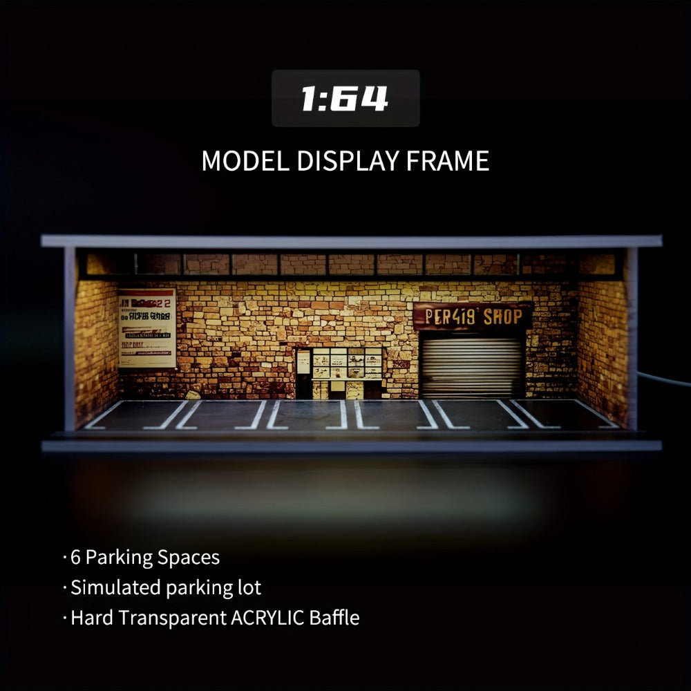 1:64 Diecast Car Display Case with LED Lighted Garage Diorama, Expandable Showcase for 6 Model Cars — image 1