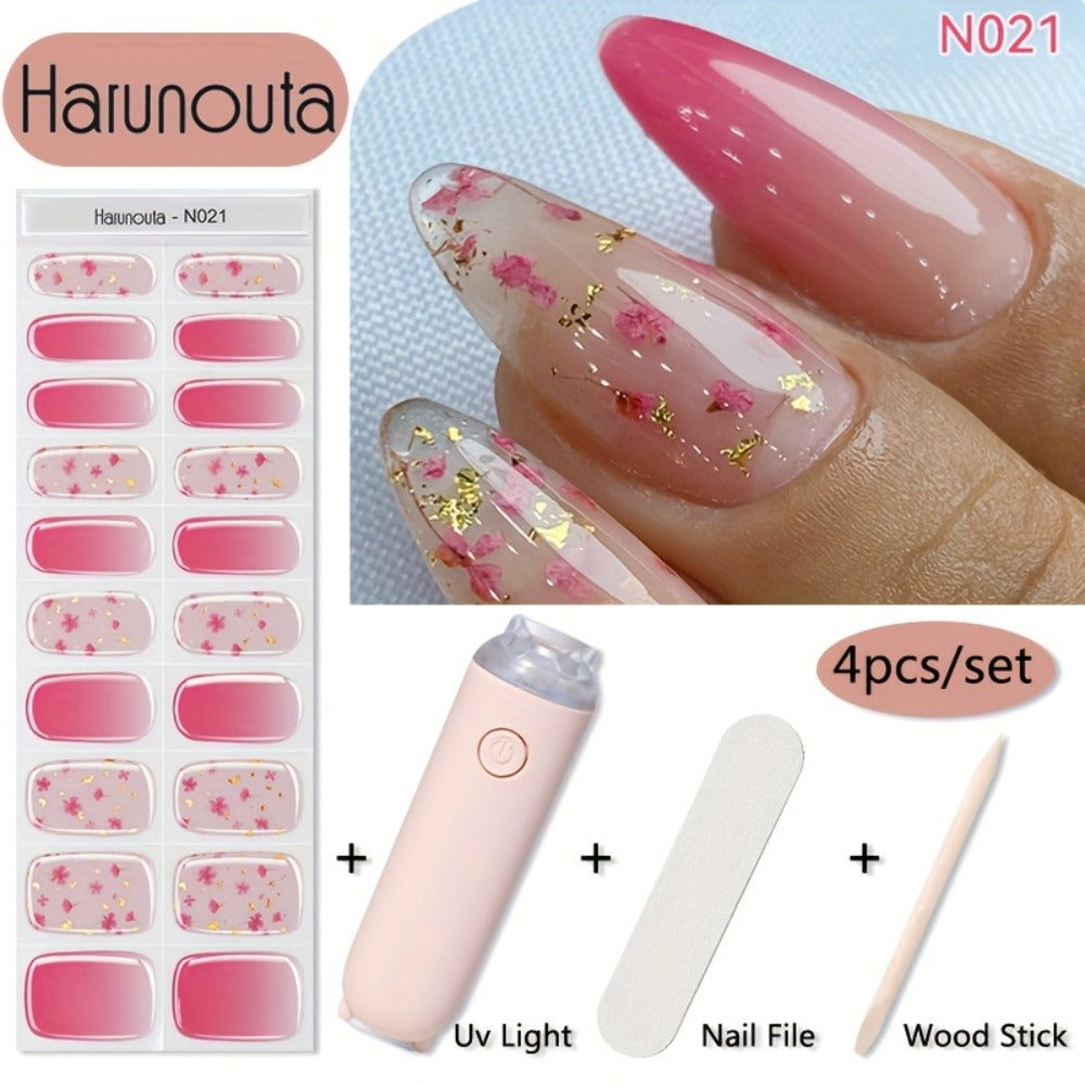 Semi Cured Gel Nail Strips Kit with Handheld LED Nail Lamp, 20 Real Gel Nail Stickers Wraps for DIY Nail Art — image 1