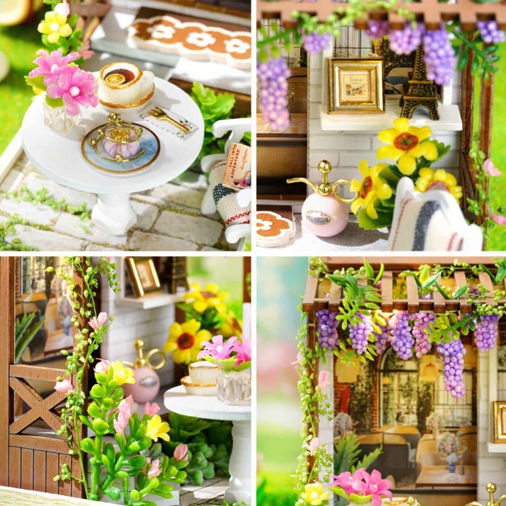 DIY Wooden Tiny House Kit with Dust Cover, Handmade Miniature Dollhouse Puzzle, 3 Themes Afternoon Tea Rotating Food House Mo