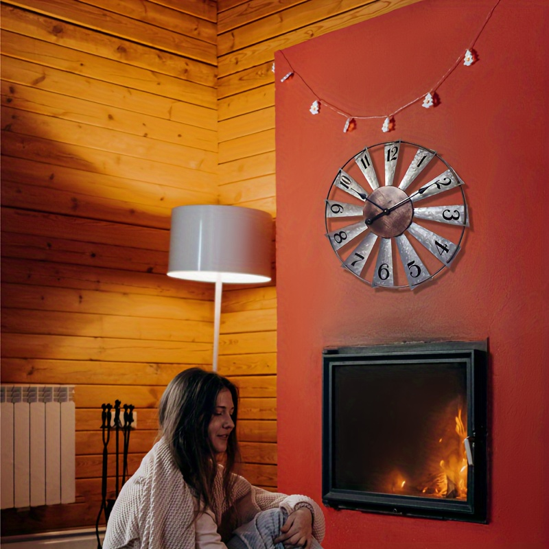 24-Inch Windmill-Style Metal Wall Clock with Galvanized-Look Silver Blades and Brown Analog Center — image 6