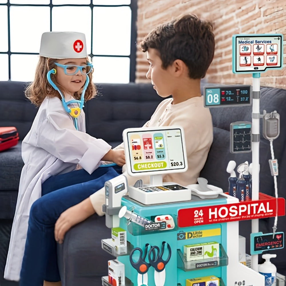 Doctor Play Set for Kids 49 PCS, Role Play Medical Station & Cashier Toy Kit for Boys Girls, Pretend Doctor Nurse Cashier — i