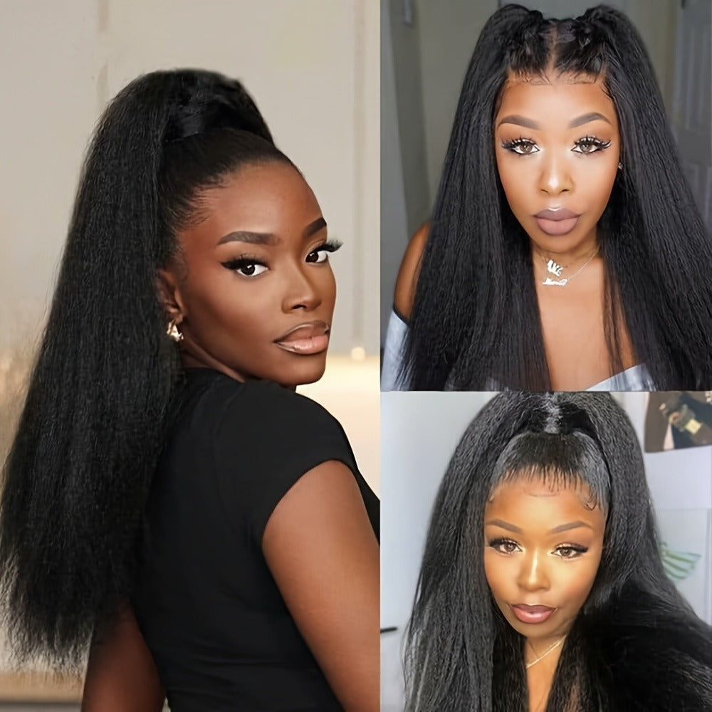 Synthetic Wig 26-Inch Black Kinky-Straight Yaki with HD Lace Front, Glueless Cap and with Item-Specific Color, Length, Textur