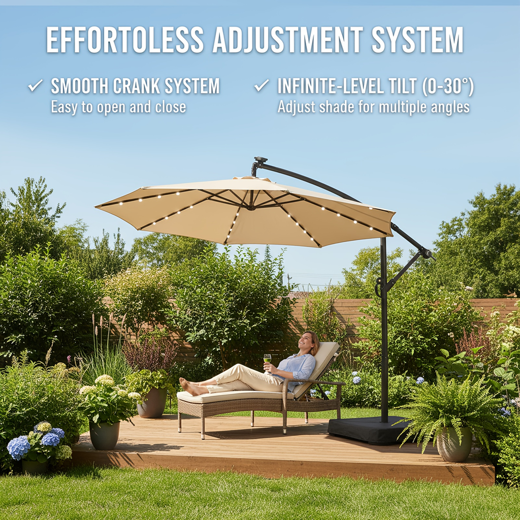Patio Umbrella 10FT Offset Cantilever Solar LED Style with Tilt, Crank and 16 Base-Choice Color Options — image 23