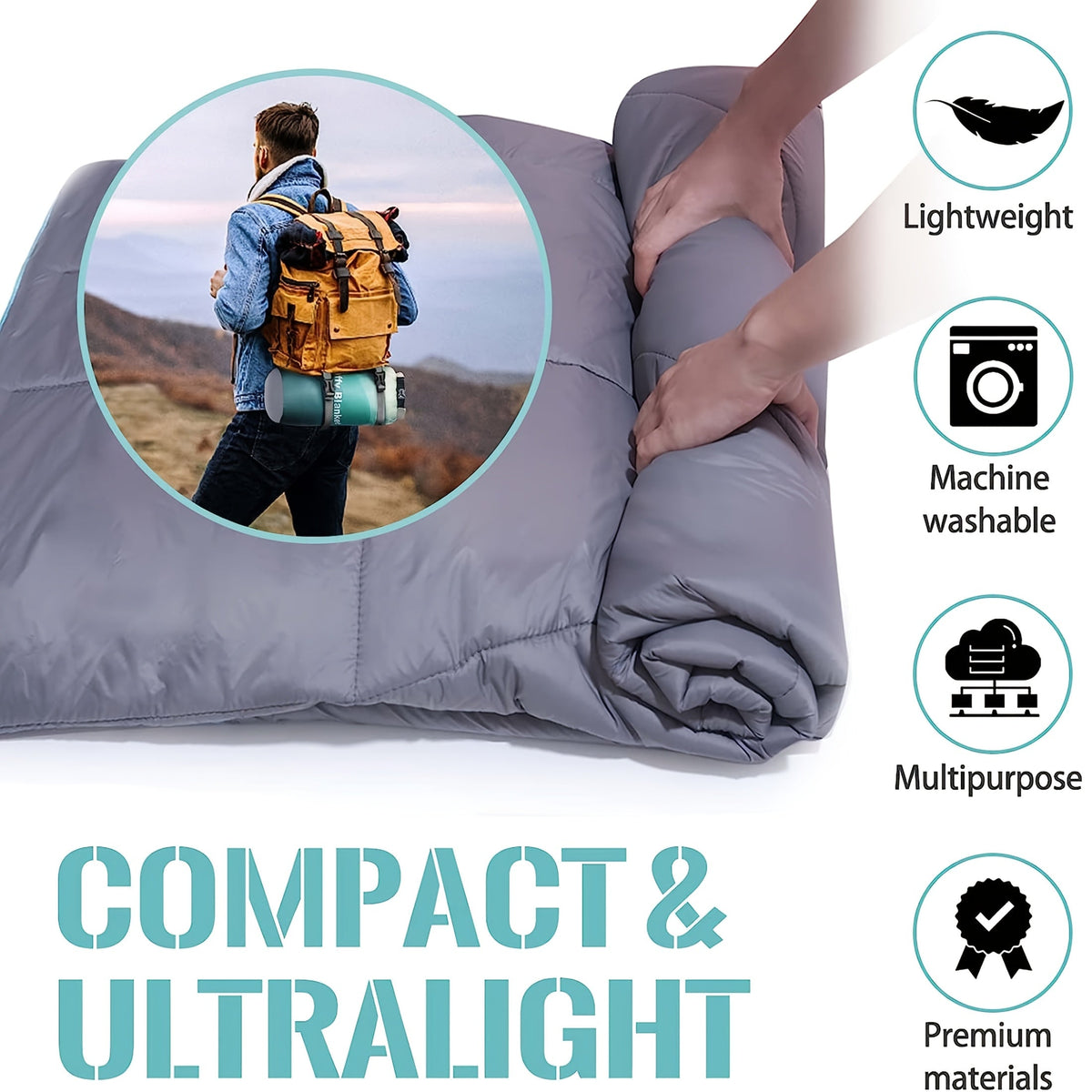 Camping Blanket Puffy Outdoor Down Alternative Windproof Warm 55x79 Inch Lightweight Printed Quilt for Beach Picnic Hammock T