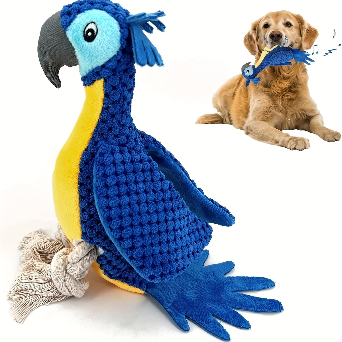 Blue Plush Parrot Dog Toy with Rope Legs and Tail, Built-In Squeaker and 14.7-Inch Pictured Height — image 3