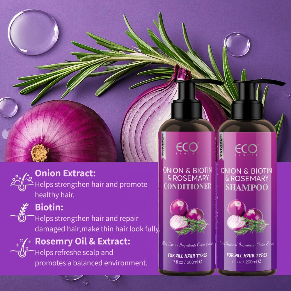 Onion, Biotin and Rosemary-Labeled Shampoo and Conditioner Set in Purple Pump Bottles with Jojoba Oil Wording — image 2