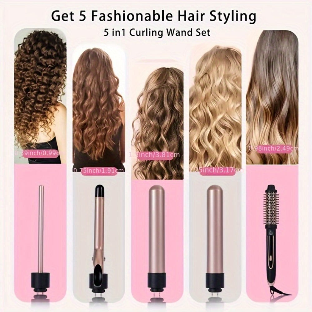 Ceramic Curling Iron Set 5-in-1 with Interchangeable Barrels & Heat Brush, Professional Hair Curler Wand Styling Kit for Wave
