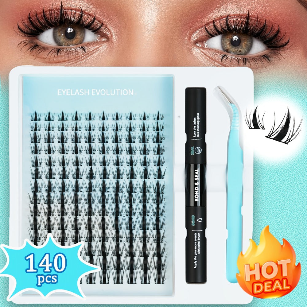 C-Curl Spike Lash Extension Kit with 140 Clusters in Mixed 8-18mm Lengths, Adhesive Tube and Curved Applicator — image 1