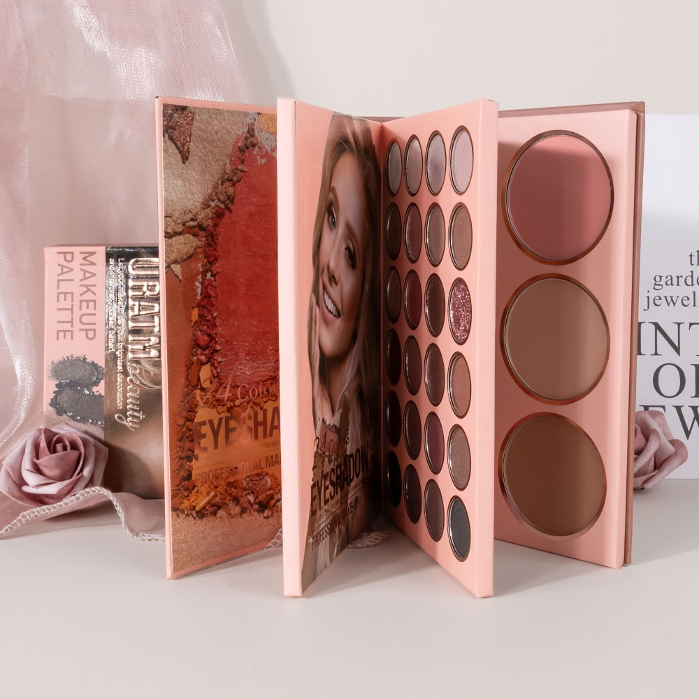 Eyeshadow Palette Book Style SHCOETY 4-in-11 Makeup Kit, 24-Color Eyeshadow + 6-Color Highlighter + 6-Color Blush + 7-Color C