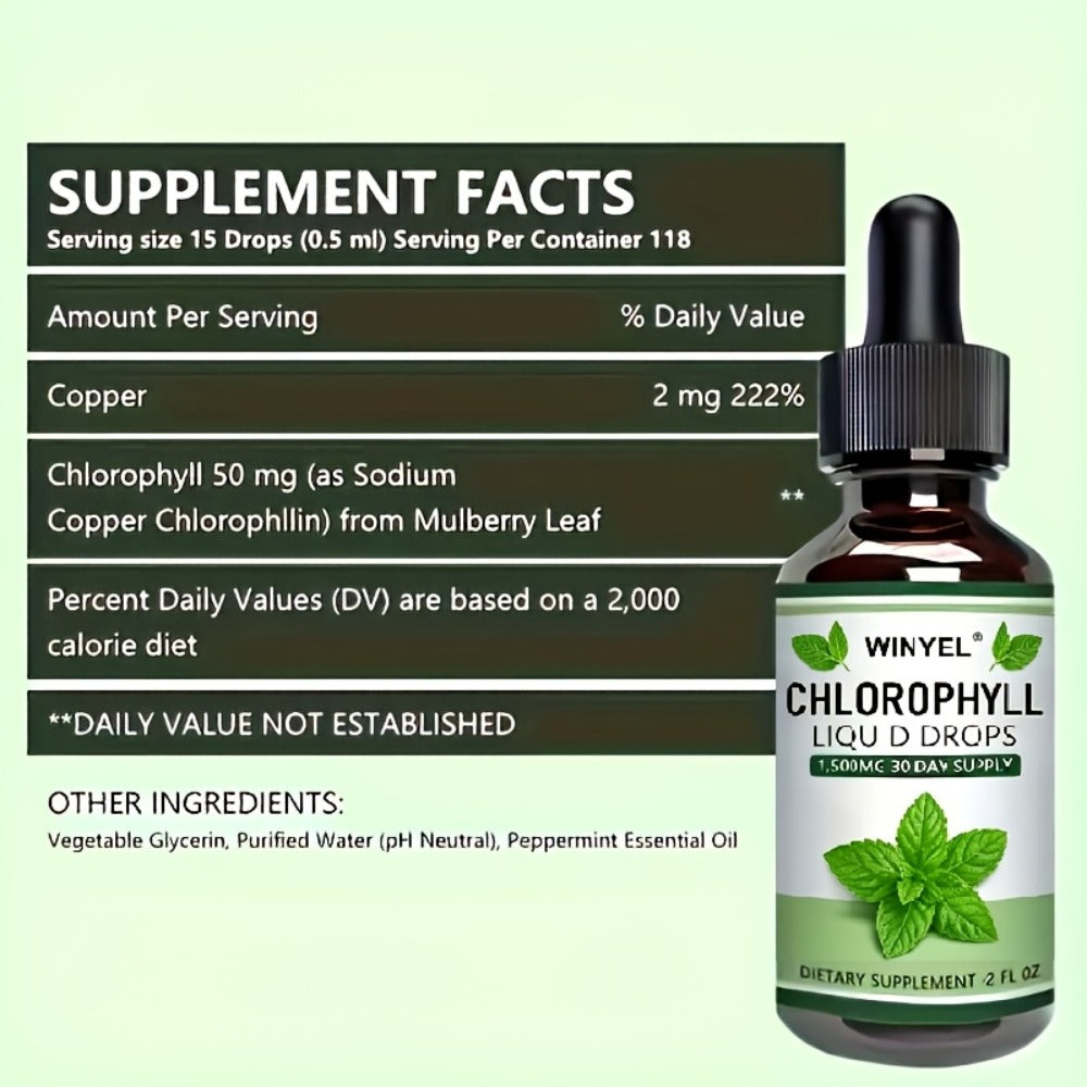 Herbal Supplements with WINYEL Label, Liquid Chlorophyll Drops in One Amber Dropper Bottle — image 2