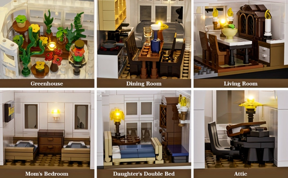 Building Block Set Owen's House with 1877 Pieces, Three-Level Tower, Porch, Conservatory and Lighting — image 12