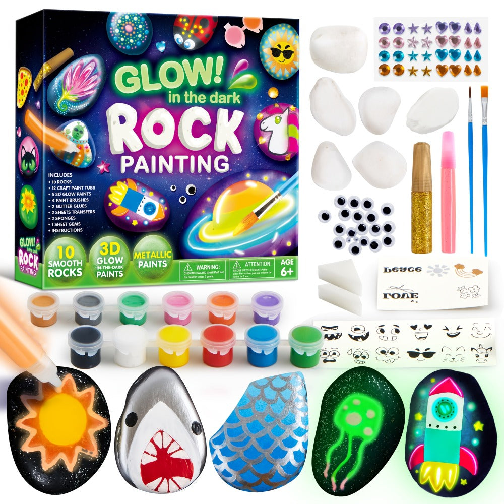 Glow Rock Painting Craft Kit with 10 Rocks, Paints, Brushes, Gems and Stickers in One- or Two-Pack Options — image 5