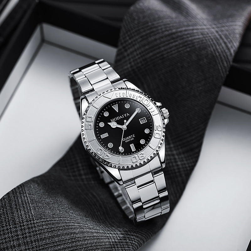 Silicone Steel Band Calendar Watch For Men Quartz Timepiece