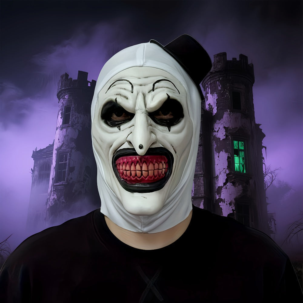White Horror Clown Costume Mask with Full-Head Latex-Style Hood, Red Teeth and Attached Black Hat — image 1