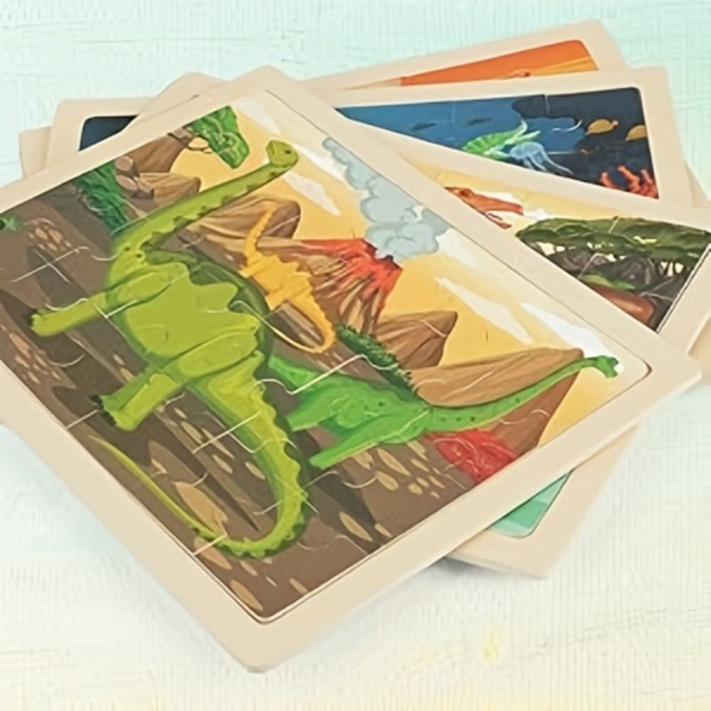 Dinosaur Puzzle Set for Kids Ages 3-8 Wooden 4-in-1 Jigsaw with 24 Pieces Each, Colorful Preschool Educational Toy for Boys &