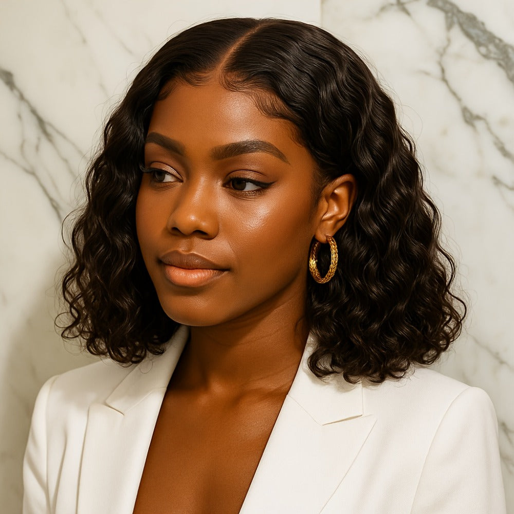 Lace Front Wig Deep-Wave Black 14-Inch Synthetic Style with Glueless Cap, Pre-Plucked Front and Baby Hair — image 10