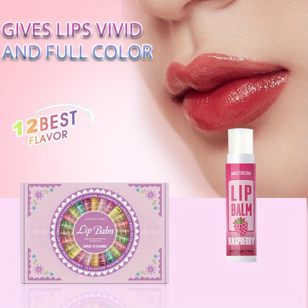 Lip Balm Gift Set 48pcs MISS FACTORX – Moisturizing Glycerin Lip Butter, Hypoallergenic Natural Finish for All Skin Types — i